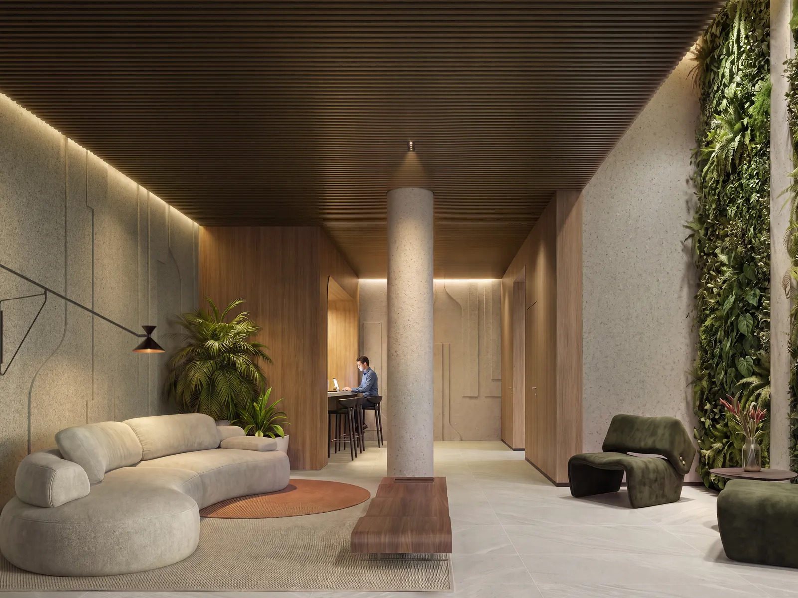 Hall de estar do Harbor 360° com sofá, poltronas e jardim vertical