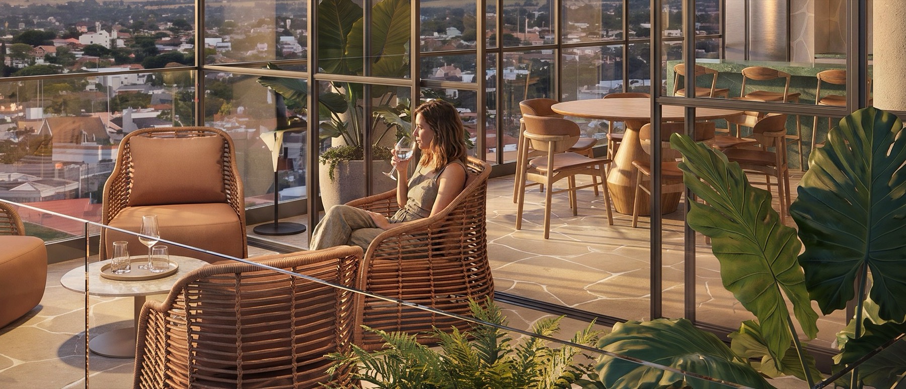 Vista panorâmica do rooftop do Harbor 360° ao entardecer — imagem ilustrativa